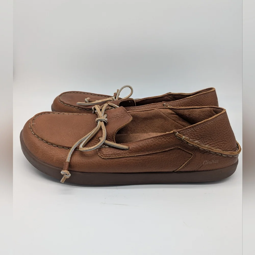 Olukai Huli Men's Brown Leather Shoes Size 13 Driving Resort Luxury Minimalist